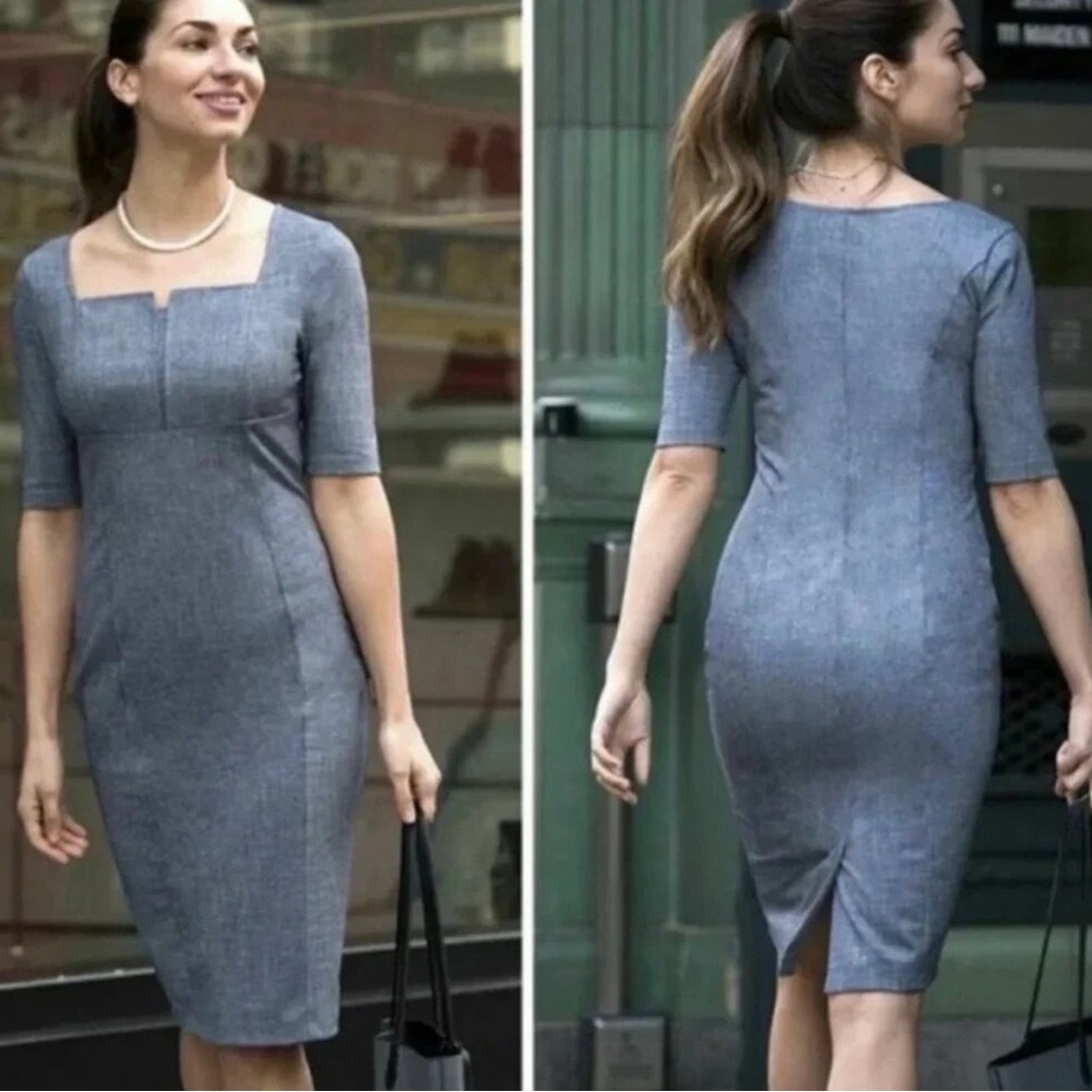 Betabrand Executive Pencil Sheath Dress Blue/Gray Chambray‎ Ponte Knit Sz M NEW